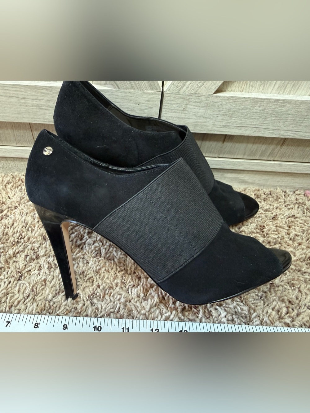Calvin Klein Black Suede High Heel Ankle Bootie with Elastic Strap